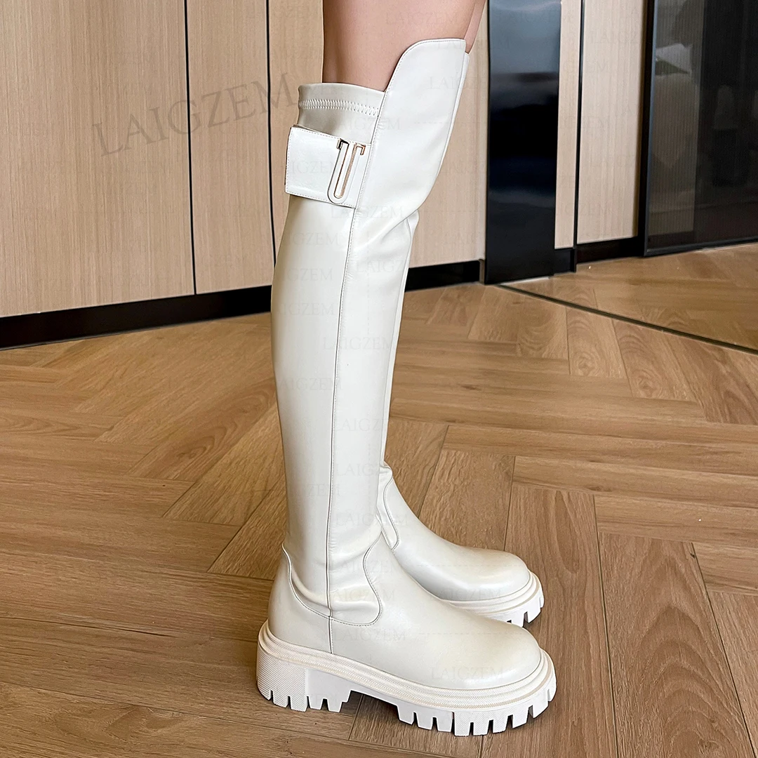 LAIGZEM Women Over Knee High Boots Leather + Synthetic Side Zip 5CM Mid Thick Heels Tall Boots Ladies Shoes Woman Size 34 38 39