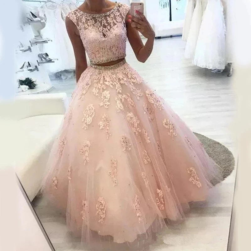 

Angelsbridep High Neck 2 Pieces Quinceanera Dresses Vestidos De 15 Anos Charming Appliques Tulle Princess Birthday Party Gowns