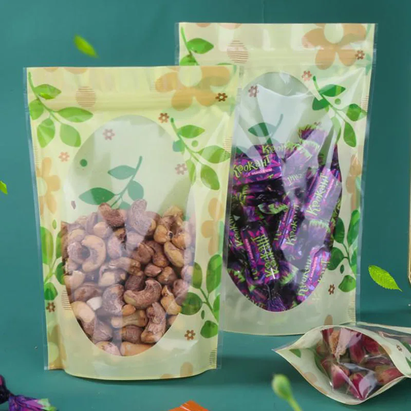 100Pcs Stand up Green Leaf PE Plastic Doypack Pouch Zipper Window Bags Food Storage Packaging Packing Bag Polybag