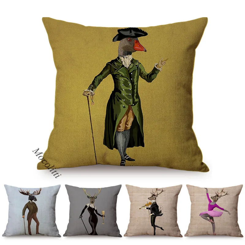 

Animal Portrait Style Decorative Cushion Cover Deer Wear Clothes Dance Ballet Pattern Cotton Linen Square Sofa Throw Pillow Case