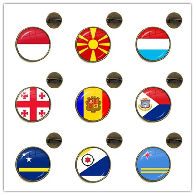 MCO, Macedonia, Luksemburg, Gruzieńczy, Andora, Eilandgebied Sint Maarten, Curacao, Bonaire, Aruba Nation Flag Szklane broszki Szpilki