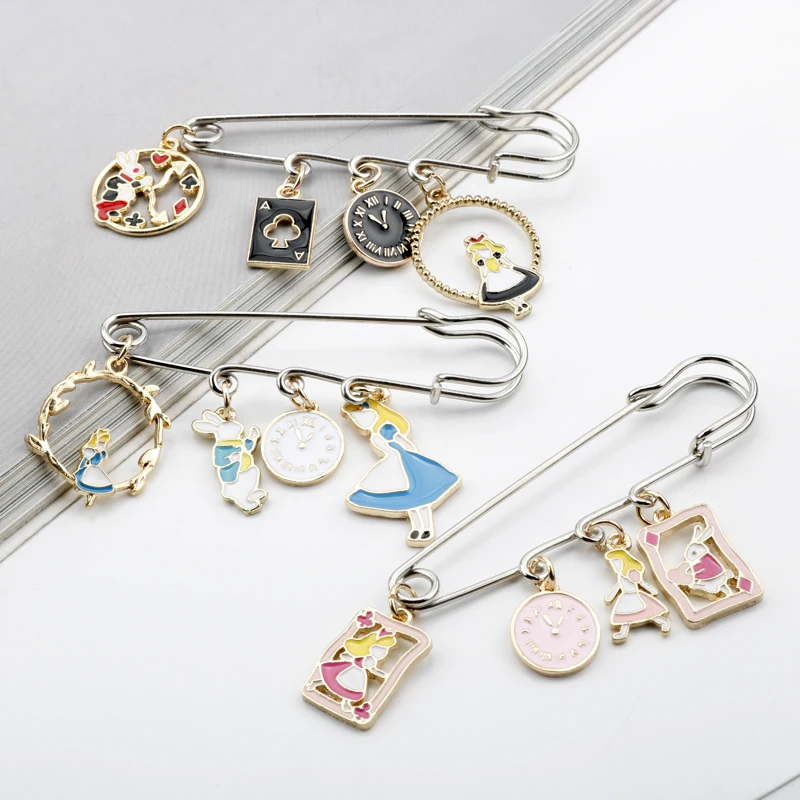 Alice in Wonderland Cartoon Brooch Buckle Safety Pins Cute Metal Enamel Rabbit Clock Poker Shape Women Children Bags Hat Badge