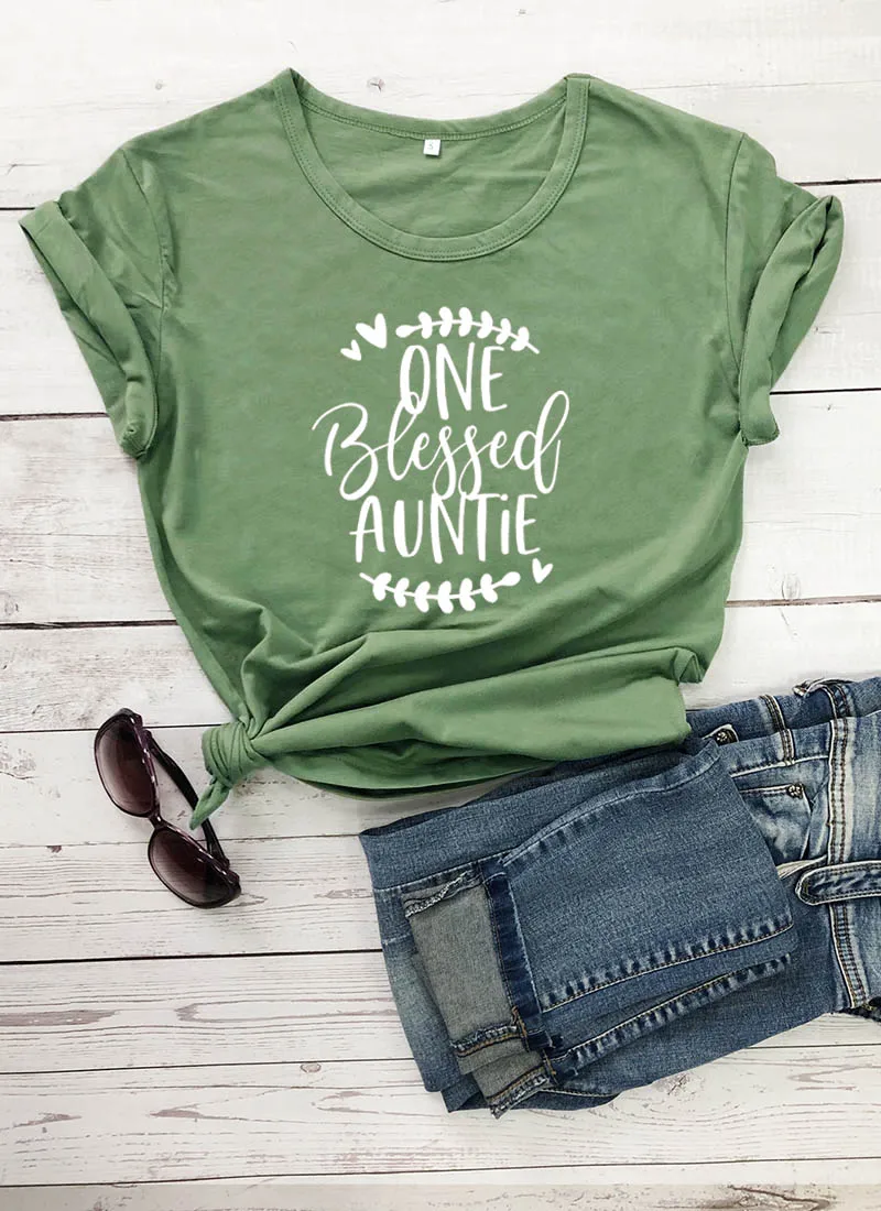 Auntie-One Blessed Auntie Printed New Arrival Funny Casual 100%Cotton T-Shirt Thanksgiving Shirts Family Group Tees Aunt Gift