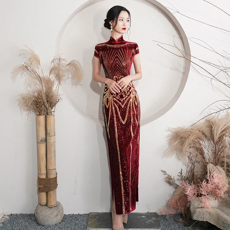 Thanh Lịch Kim Sa Lấp Lánh Qipao Gợi Cảm Sườn Xám Cổ Điển Quan Cổ Trung Quốc Đầm Nhung Plus Kích Thước 5XL Dạ Hội Vestidos