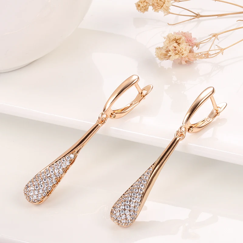 Kinel Full Sparkling Natural Zircon Long Dangle Earrings for Women 585 Rose Gold Color Party Fine Daily Fashion Jewelry 2023