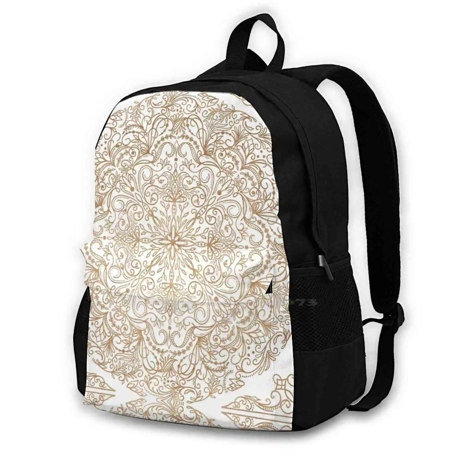 Filigree White Bag Backpack For Men Women Girls Teenage Motif Floral Swirls Line Art Fancy Elegant Arabesque Leaves Linework