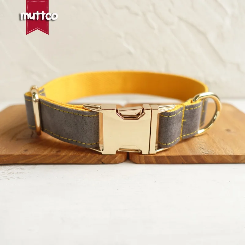 MUTTCO retailing self-design collar GRAY COVER YELLOW handmade poly satin and nylon grey and yellow collar and leash UDC026J