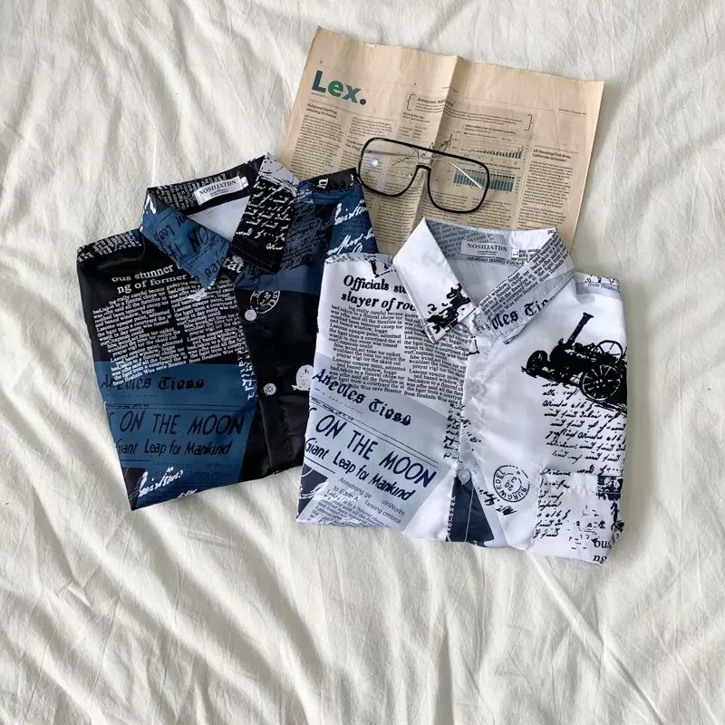 Newspaper Printed Hawaiian Beach Shirt for Men 2020 Summer Short Sleeve 3XL Aloha Shirts Mens Holiday Vacation Clothing Chemise