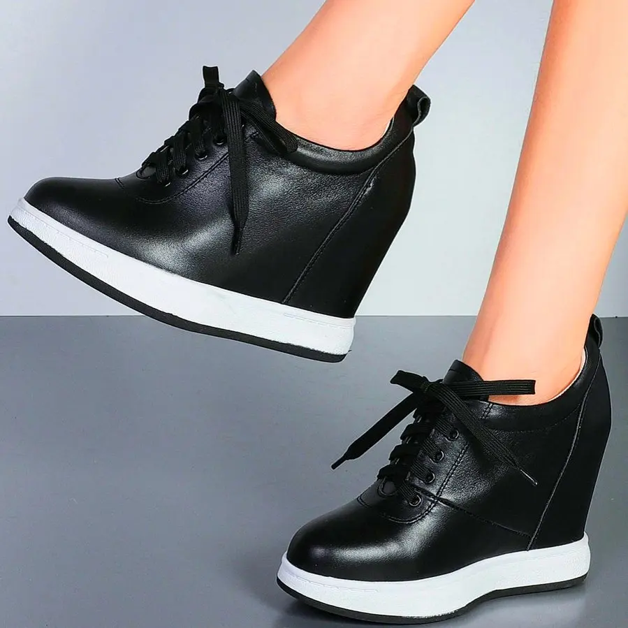 

Increasing Heigh Chunky Ankle Boots Women's Genuine Leather Fashion Sneakers Thick Sole High Heels Goth 34 35 36 37 38 39 40