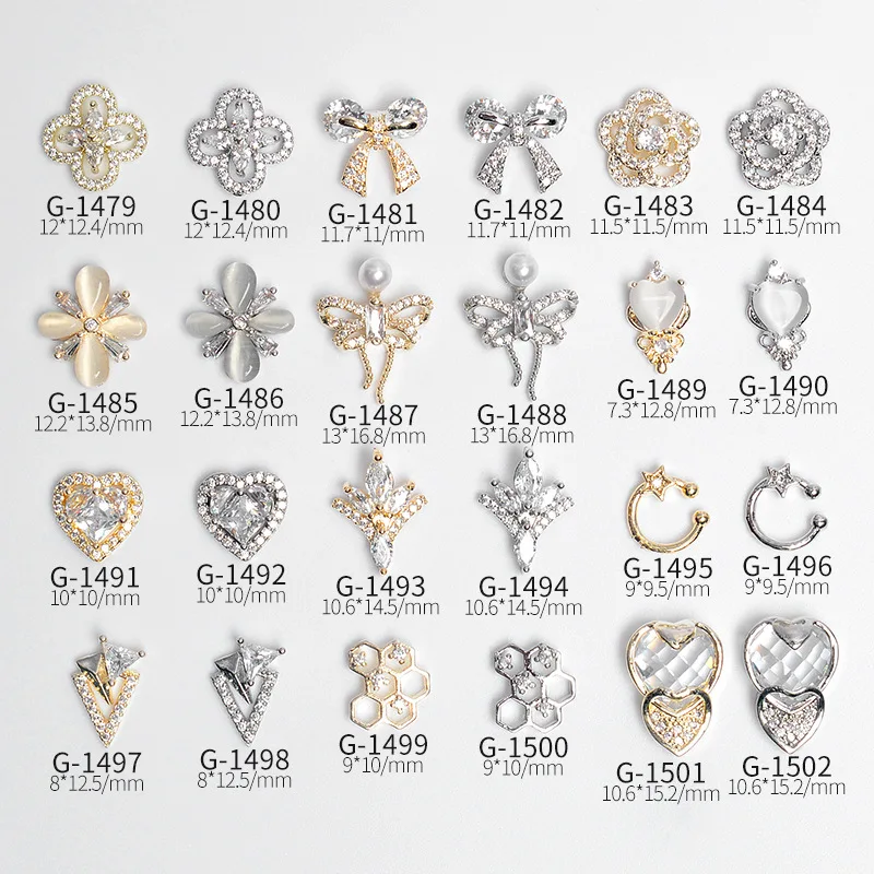 

Japanese 3D Metal Zircon Nail Art Jewelry Decorations Gold Silver Bow Flower Heart Crystal Manicure Charms Nail Gems Rhinestones