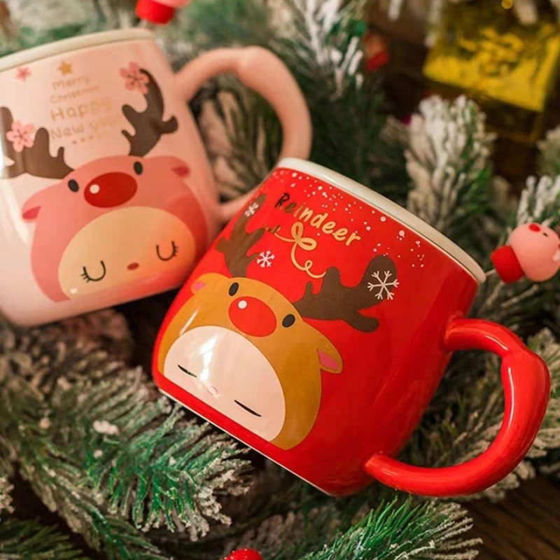 400ml Christmas Deer Red Mugs Instagram Pink Girl Heart Ceramic Mug Cartoon Couple Water Glass Coffee Bottle Spoon with Cover