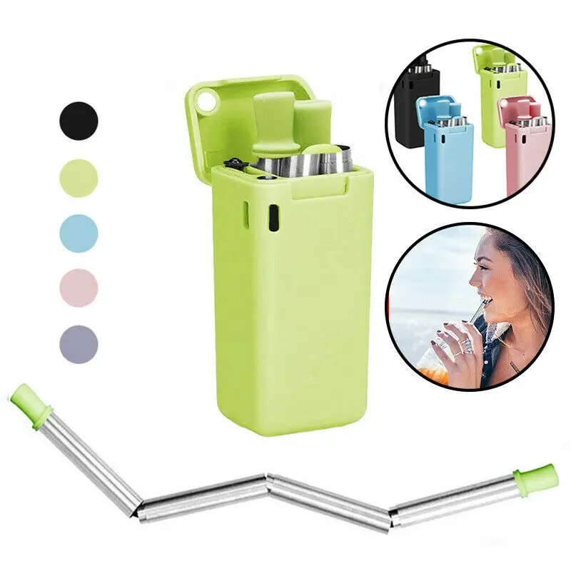 Reusable Metal Folding Collapsible Drinking Straw Portable Cleaning Brush Set Food-grade Stainless Steel + Medical-grade TPE Par