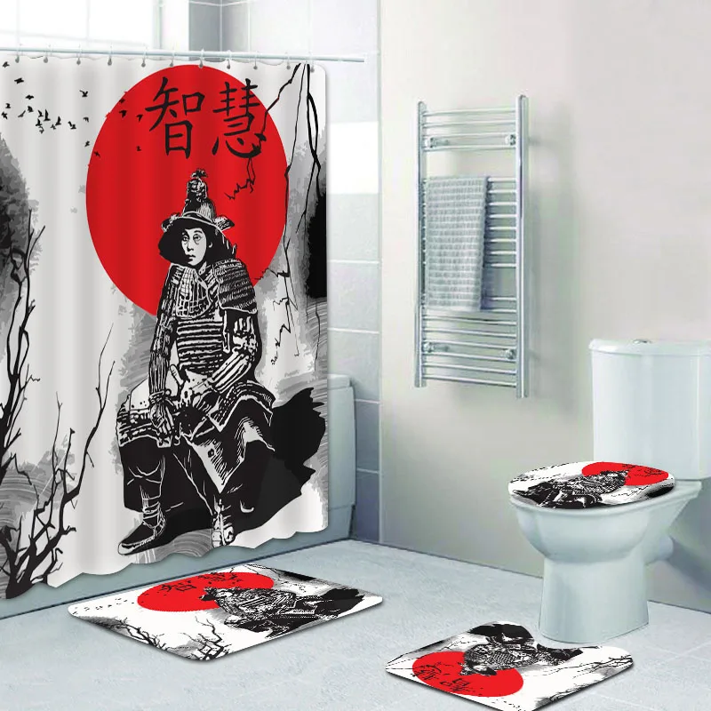 Portrait of Japanese Samurai Warrior Shower Curtain Set Japan Army Art Painting Bath Curtains Bathroom Mats Rugs Men Home Decor