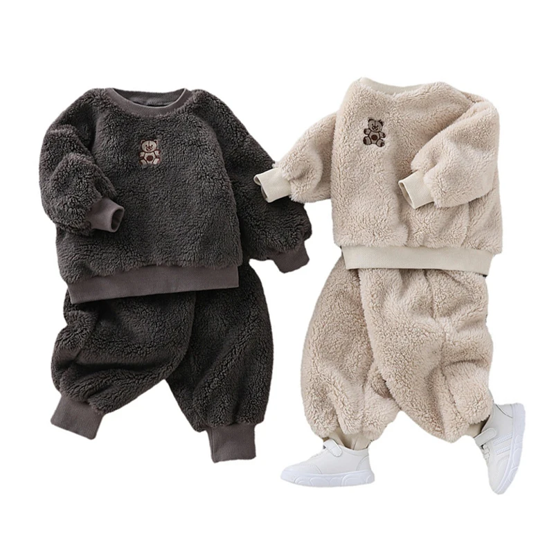 

Children Outfits 0-6y Kids Lambswool Sports Wear Bear Pattern Sweatshirt+pants 2pcs Suit Boys Girl Autumn Winter Tracksuit Set