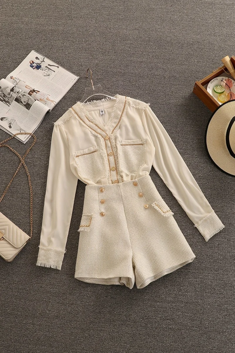 Chic Autumn Winter Tweed Shorts Two Piece Set Women Tassel V Neck Pocket Patchwork Chiffon Shirt + High Waist Button Shorts Suit