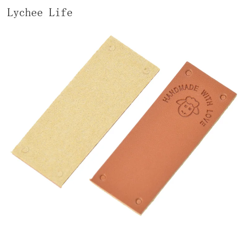 Lychee Life 24Pcs/lot Made With Love Handmade PU Leather Labels Rectangle Shaped Garment Label Tags Diy Sewing Crafts