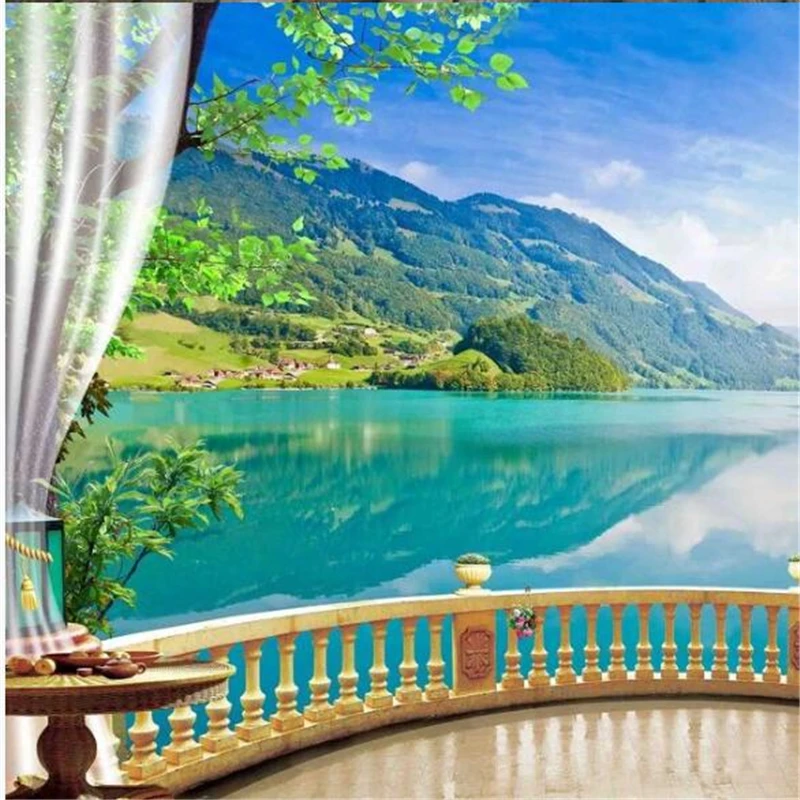 

beibehang Customized large murals fashion home improvement 3D forest balcony lake blue sky clear water white clouds river wall