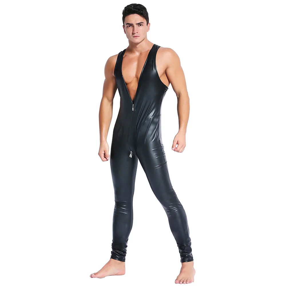 Zentai-combinaison érotique en cuir pour hommes, sans manches, noir, rouge brillant, à deux voies, avec fermeture éclair