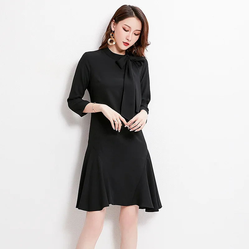 2021 Autumn New Style Light Mature Loaded Fashion Elegant Bow Solid Color Half-Turtle-Neck Three-quarter-length Sleeve Dress