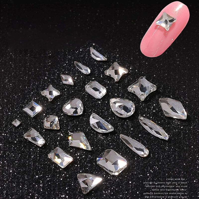 30/100Pcs Kristall Weiß Nail art Strass Zubehör Flache Glas Stein Strass Mixed Form DIY Mode 3D Fingernagel dekoration