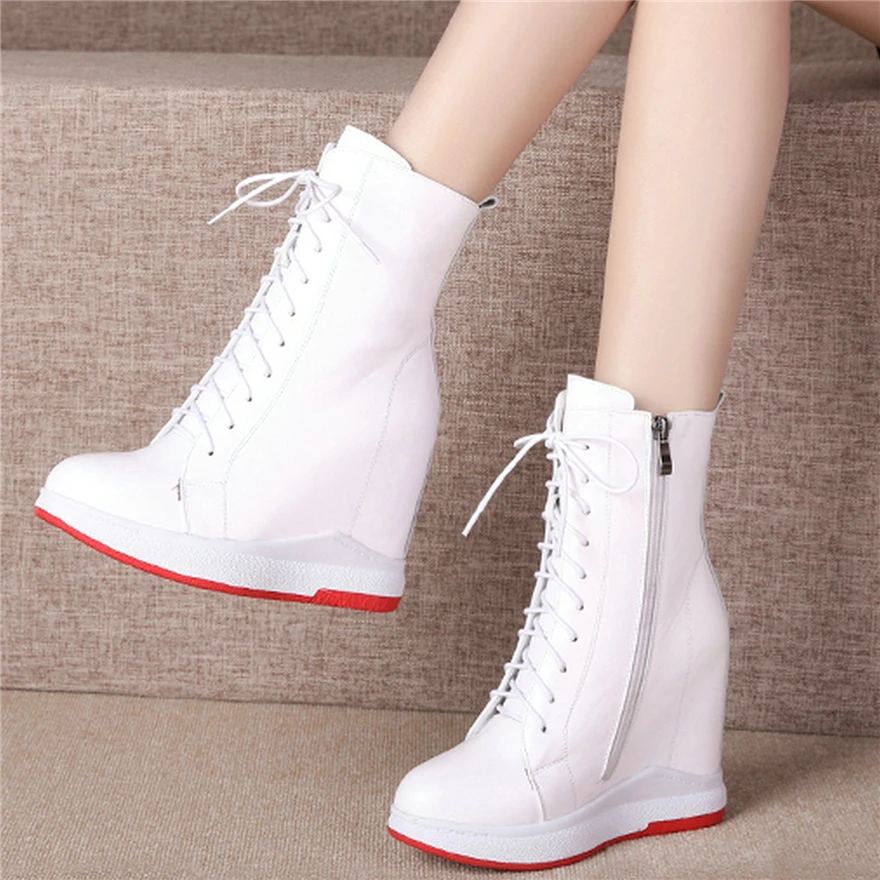 Platform Pumps Shoes Women Lace Up Genuine Leather Wedges High Heel Ankle Boots Female Round Toe Fashion Sneakers Casual Shoes