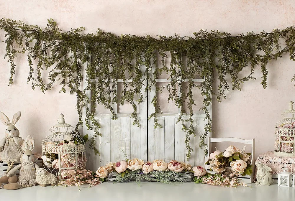 Cake Smash-Toile de fond de photographie florale pour nouveau-né, arrière-plan de lapin, porte en bois, rose, fille, photobooth, décors de studio