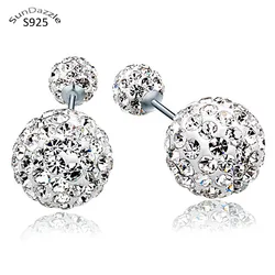 Real Pure Solid 925 Sterling Silver Stud Earrings for Women Jewelry Double Sided Crystal Ball Cubic Zircon Female Earrings Charm