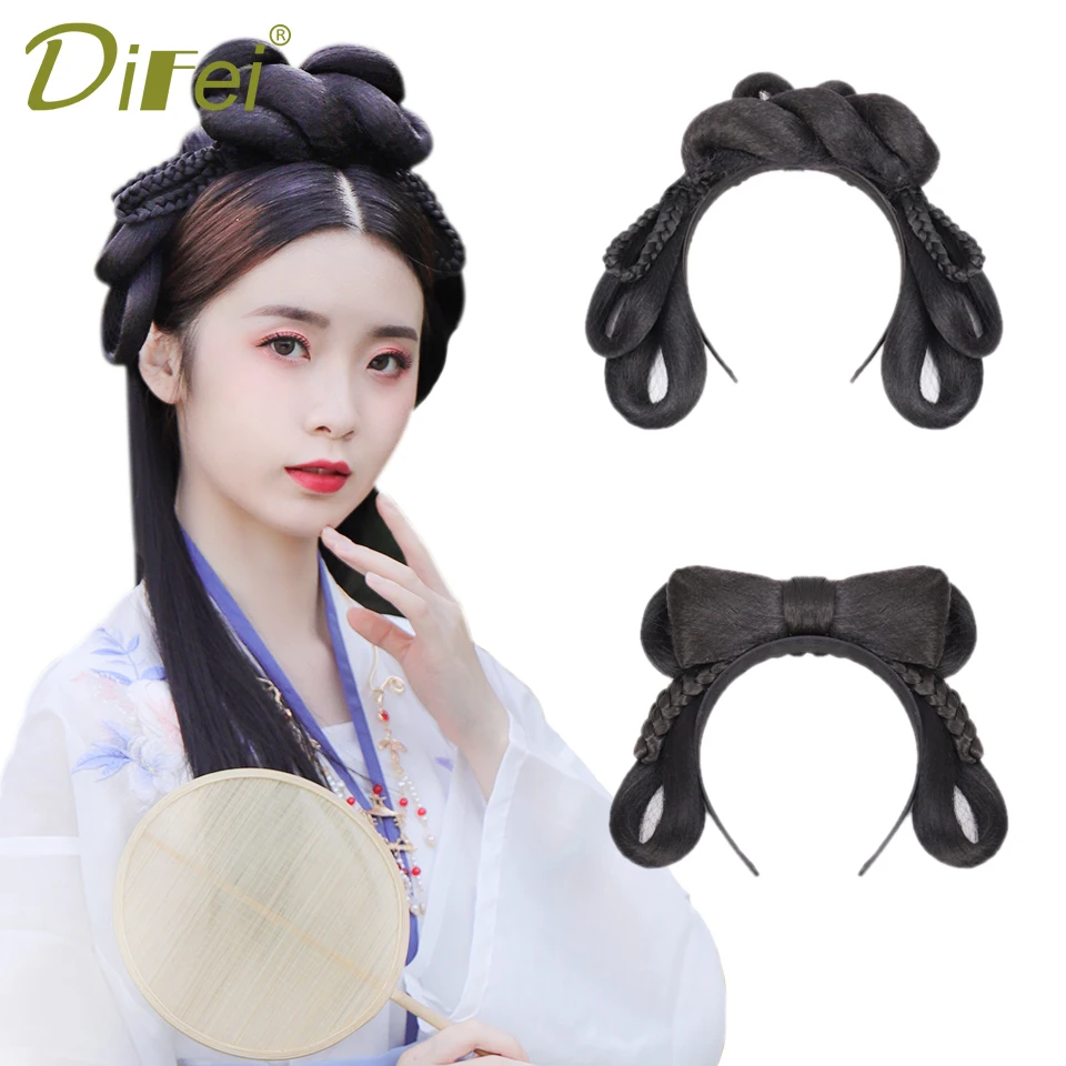 DIFEI  Chinese Style Hanfu Cospaly Wig with Hair band Heat Resistant Synthetic Accessories Wig China Classical Hairstyle Chignon