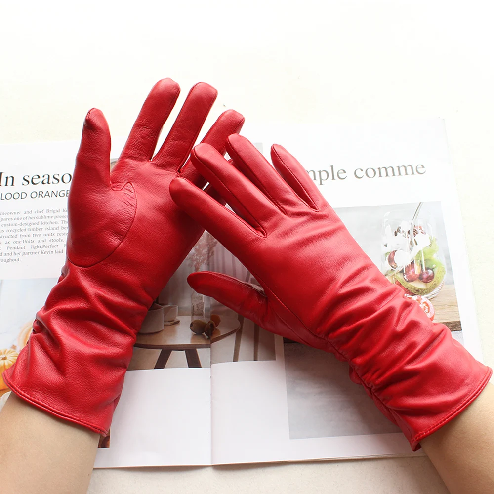 Guantes de piel de oveja para mujer, estilo clásico elástico, forro de terciopelo, invierno, cálido, para conducir y montar al aire libre, de cuero