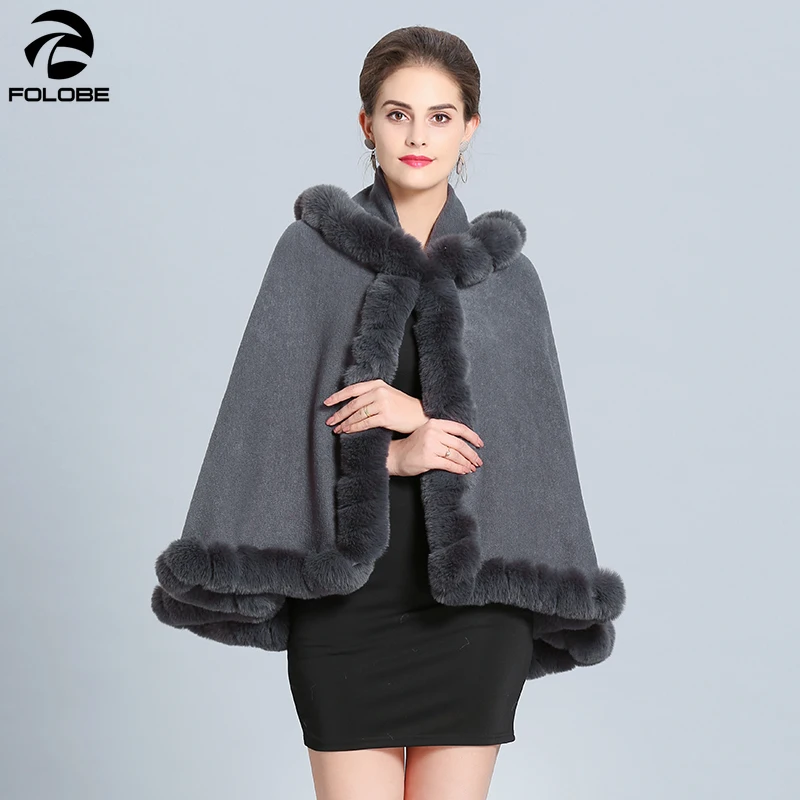 

FOLOBE Winter Faux Fur Coat for Women Knitted Faux Fur Ponchos Hooded Thick Warm Short Capes Winter Shawl Coat Jacket