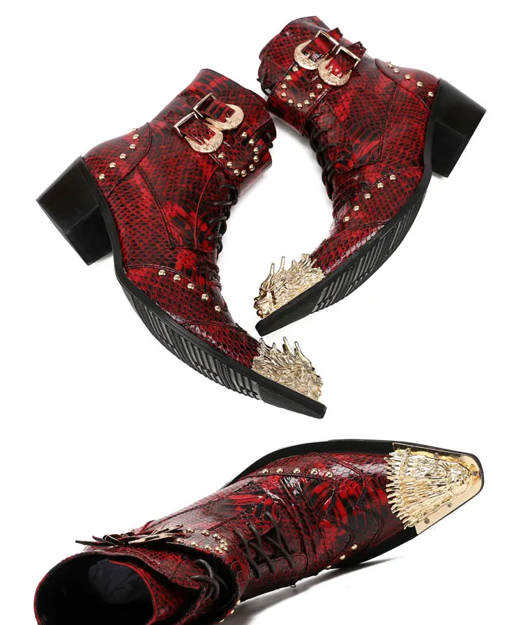 Herren Maßgefertigte Schlangenleder-Stiefel mit Nieten, Mittelhoch, Spitze Zehenkappe, Luxuriöser Singer-Modell-Stil, Bar-Party, Persönlichkeit, Herbstschuhe – Detail 8