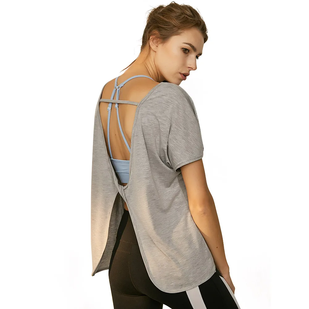 

LUKITAS Sport T-shirt Backless Modal Solid Yoga Shirt Workout Female Gym Fitness Top Running Women Short Sleeve Casual Shirts