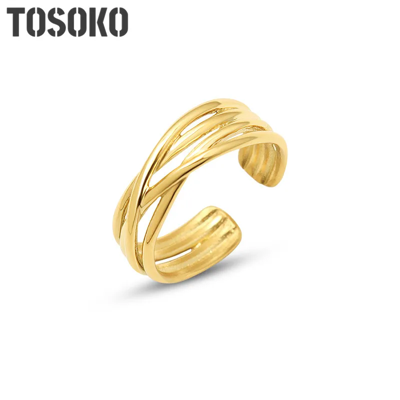 

TOSOKO Stainless Steel Jewelry Ins Love Cross C-Ring Open Ring Multi Layer Ring Color Fastness Lovers Ring BSA187