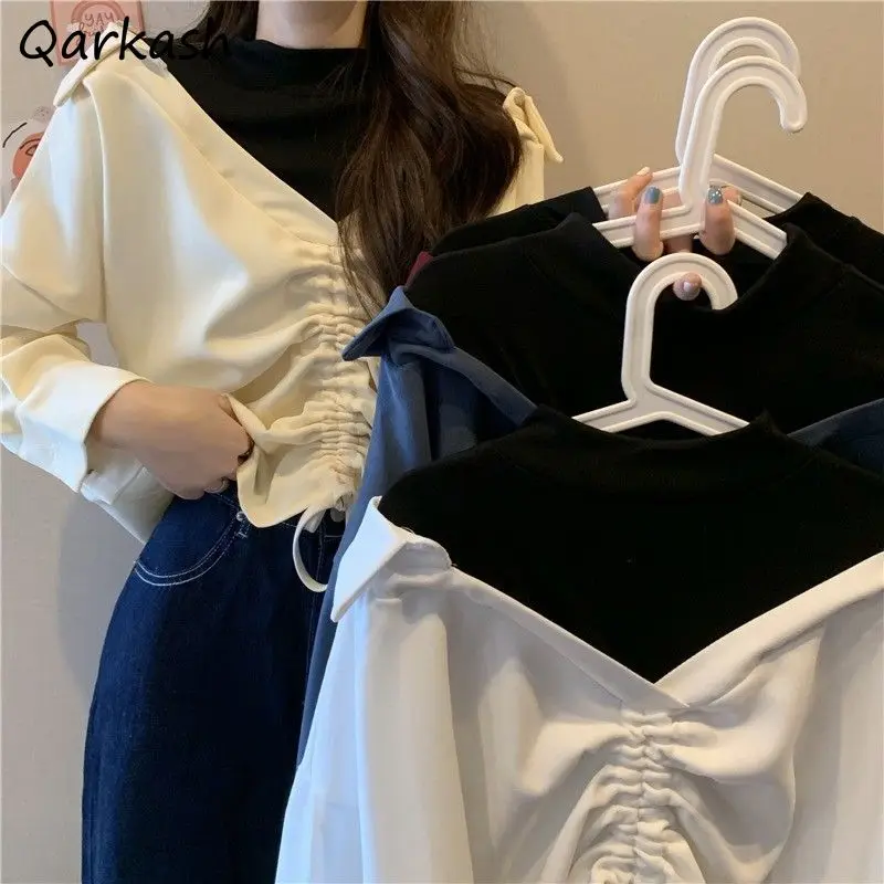 Sweatshirts Women Shirring Spring Design Patchwork Fake Two Pieces 4 Colors Ulzzang College Casual Cozy Fashion Popular Mujer