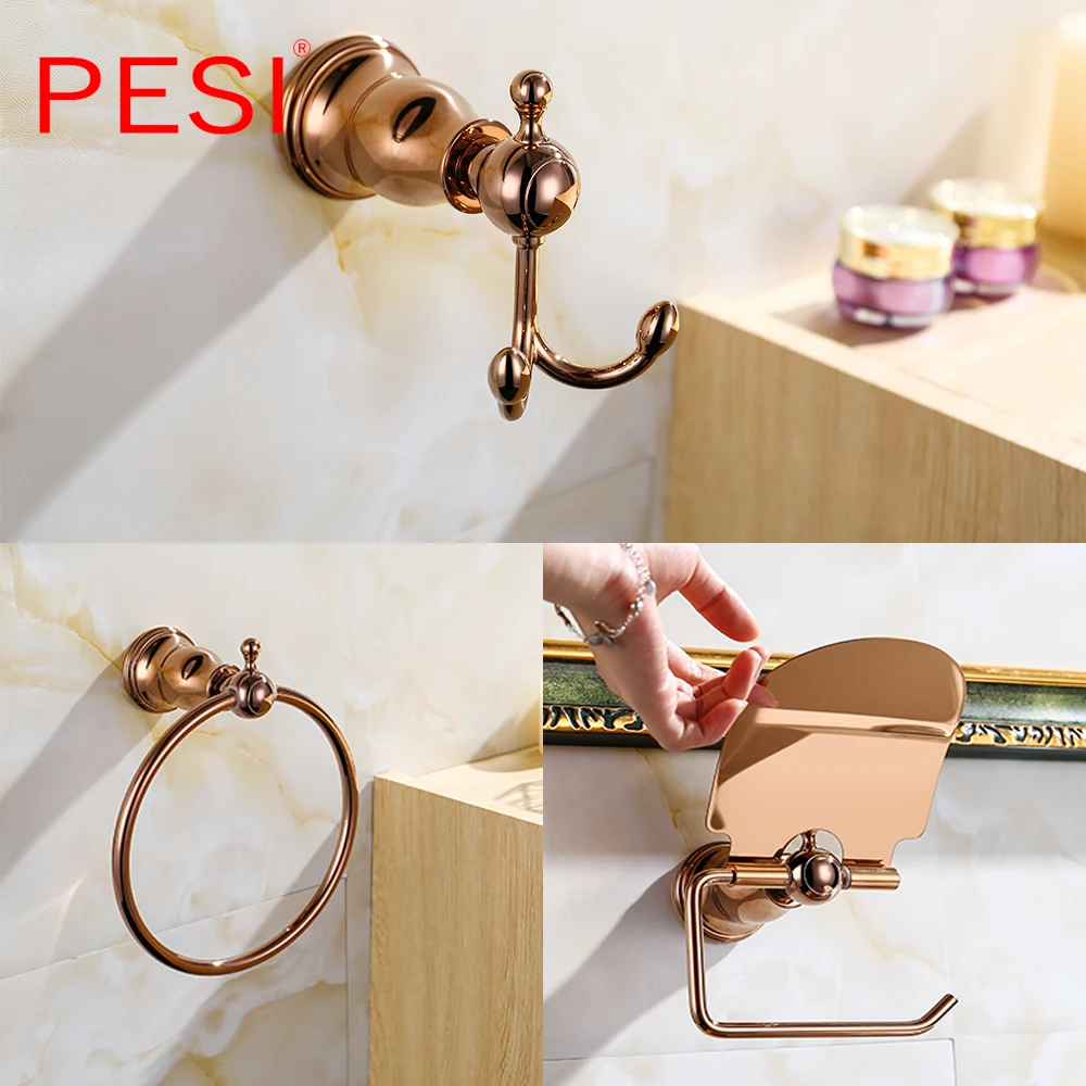 Messing Bad Zubehör Rose Gold Robe Mantel Haken Handtuch Schiene Rack Bar Regal Wc Papier Tissue Halter Hardware Set.