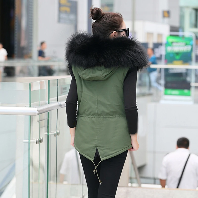 New jacket military style jacket oversized raccoon fur collar fur autumn and winter fashion hooded women's vest