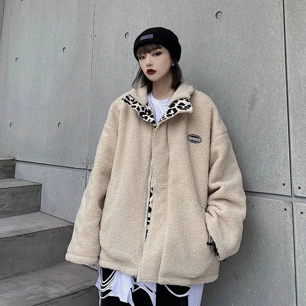 Leopard Print Women Faux Lamb Fur Japanese Style Kawaii Coat Teddy Fur Coat Parka Cropped Stripe Fleece Jacket Motorcycle Jacket