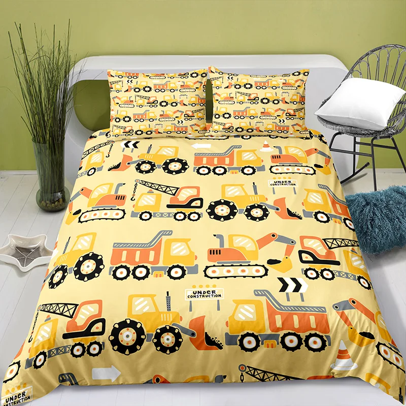 Home Textiles Printed Cartoon Construction Truck Bedding Quilt Cover & Pillowcase 2/3PCS US/AE/UE Full Size Queen Bedding Set