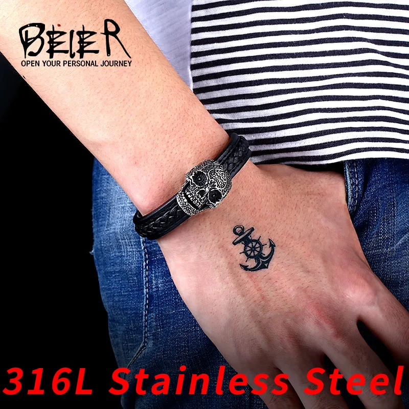 Beier 316L Stainless Steel Men\'s High Quality Leather Skull Bracelet Punk Biker Fashion Gift LLBC-L023L