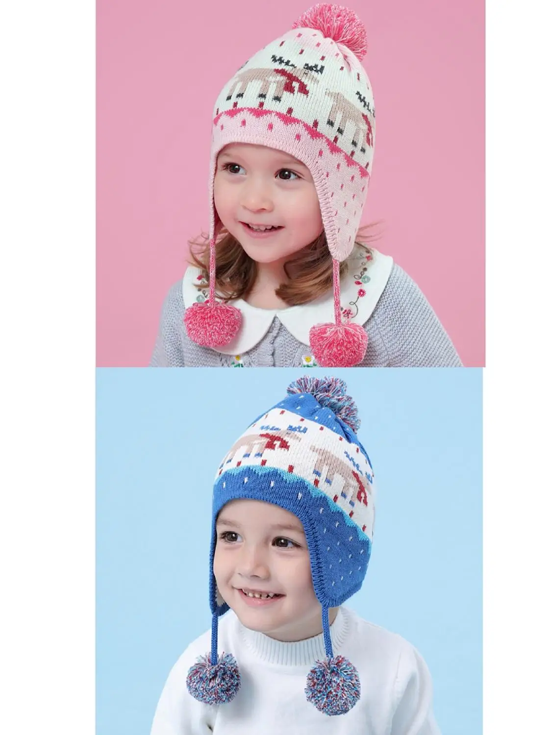 Connectyle Boys Girls Cute Cartoon Deer Warm Beanie Fall Winter Skull Cap Cotton Knit Fleece Lined Kids Earflap Hat With Pom-Pom