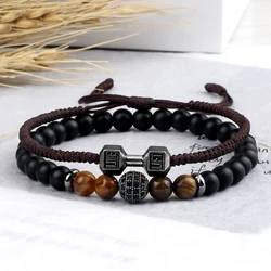 Trendy Set Men Beaded Bracelet 6mm Nature Onyx Stone Handmade Braided Dumbbell Bracelets&Bangles Women Barbell Yoga Jewelry Gift