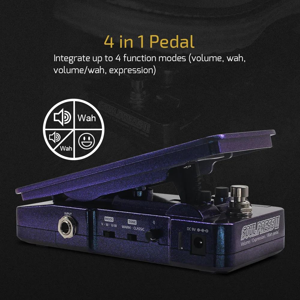 Hotone Soul Press II 4 em 1 Pedal de efeito de expressão passiva de volume ativo Wah comutável com indicadores de posição visíveis