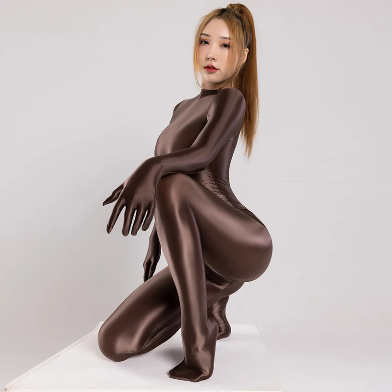 Glänzenden Glänzend Satin Sexy Zentai Frauen Langarm Finger Handschuhe Zipper Zurück Volle Länge einteiliges Body Seidige Strumpfhosen catsuit