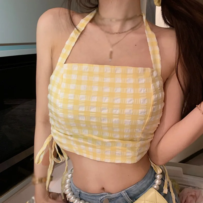 Summer Korean Women Plaid Halte Lace Up Slim Vest Crop Tops Tees Femme Yellow/Blue Tanks Camis