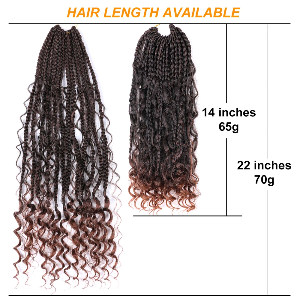 Pré Looped Bohe Preto Ombre trança extensão do cabelo, bagunçado Deusa Box tranças, Bohemian 3X Crochet tranças, 14\