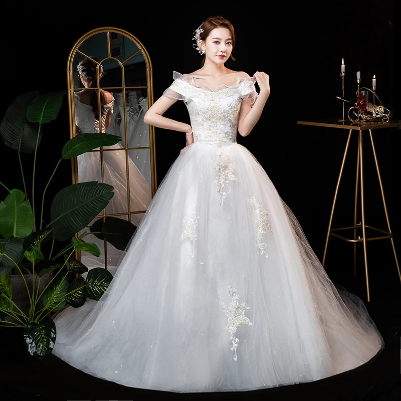 AnXin SH princess sparkly flower lace white party vintage boat neck ruffles short sleeve bride customized wedding dress