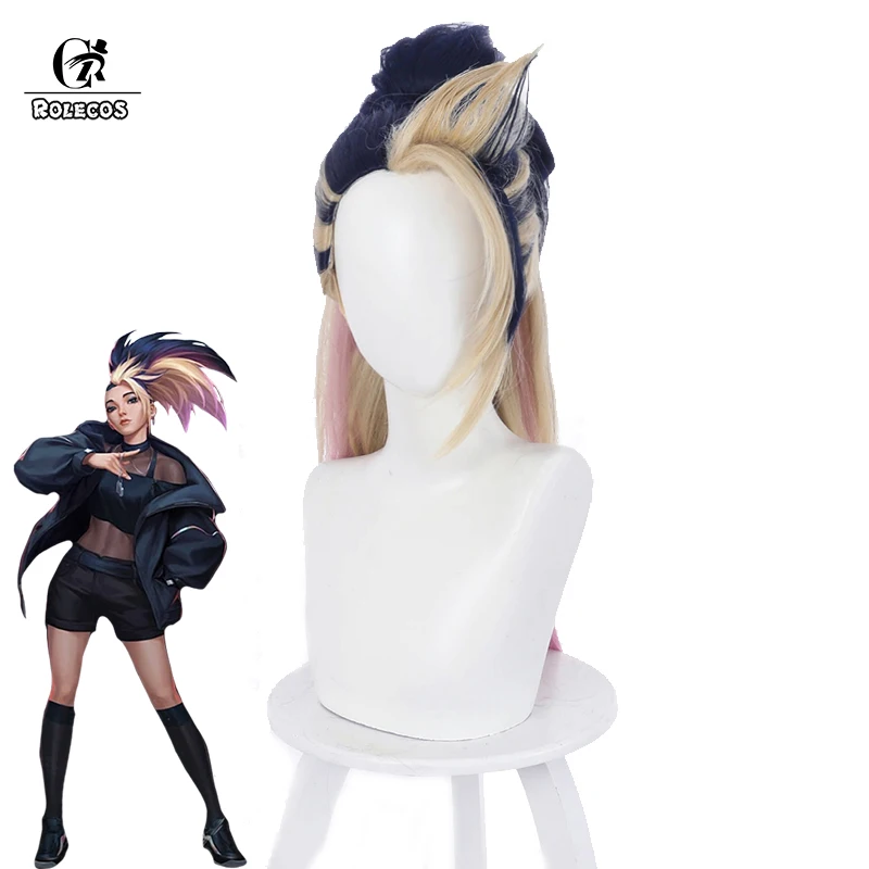 ROLECOS LOL KDA Akali Cosplay Wig LOL KDA The Baddest Akali Cosplay Wig 50cm Blonde Mixed Blue Pink Headwear Women Synthetic Wig