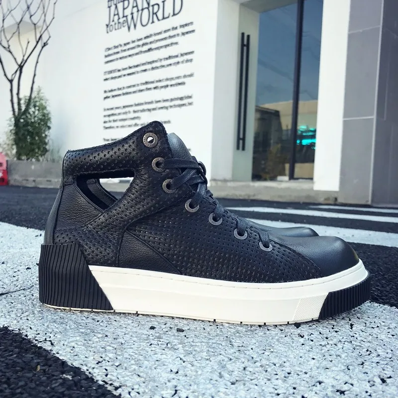 Summer Mens High Top Sneakers Round Toe Hollow Out Breathable Platform Genuine Leather Shoes Casual Flat Designer Shoes Male
