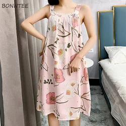 Nightgowns Women Summer Breathable Backless Cartoon-printed Leisure Sleep Homewear Girls Daily Kawaii Knee-length Large Size Ins