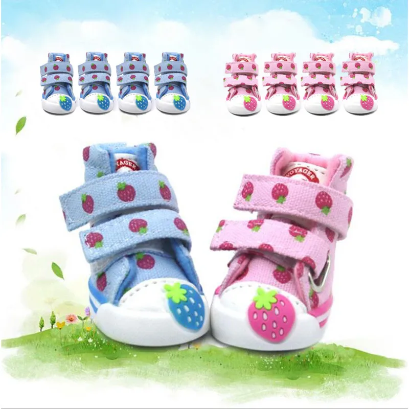 Cute Strawberry Dog Booties Denim Shoes Anti-slip Breathable Dog Shoes Autumn Winter Warm Sneakers for Small Dog Chihuahua Teddy